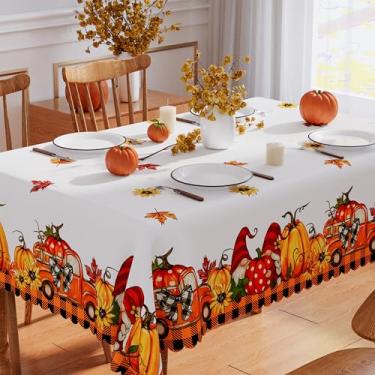 Imagem de Toalha de mesa retangular de outono 152 x 213 cm, xadrez búfalo, laranja, caminhão, gnomo, abóbora, sazonal, outono, decoração de festa de Ação de Graças, capa de mesa à prova d'água com borda