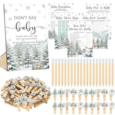 Imagem de Patelai 321 peças suprimentos para jogos de chá de bebê, 5 conjuntos (50 cartas cada) cartões de atividades com 20 lápis, 1 placa de bebê Don't Say 50 prendedor de roupa (tema de inverno)