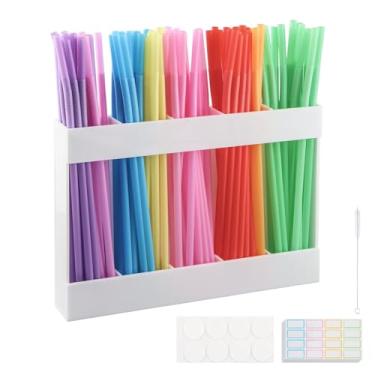 Imagem de Suporte de canudo acrílico, dispensador de palha com fita adesiva dupla face, adesivos e escova, organizador para armários e bancadas de cozinha (Cor: branco)