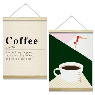 Imagem de mermermu Conjunto de 2 molduras de cabide de pôster de café moderno, pôsteres divertidos para decoração de parede em tela para café, escritório, cozinha, sala de estar, 30 x 40 cm -007
