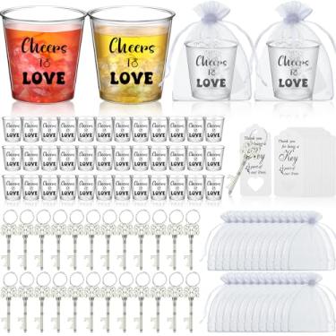 Imagem de Nuogo 50 Set Wedding Favors for Guests 3oz Disposable Acrylic Shot Glasses Cheer to Love Skeleton Keychain Bottle Opener with Thank You Card Organza Bag for Wedding Bridal Shower Engagement Party Gift