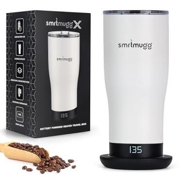 Imagem de SmrtMugg X Caneca de café aquecida de 540 ml, vida útil da bateria de 8 horas, autoaquecimento, controle de temperatura ajustável, tela LCD, inclui capa com controle deslizante magnético (preto
