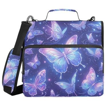 Imagem de Fichário com zíper azul borboleta brilhante à prova d'água com alça de ombro, 3 anéis com design plano e vários compartimentos para escritório escolar