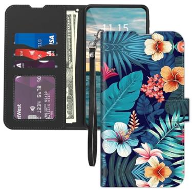 Imagem de Capa carteira para celular Moto G Power 5G 2023, com alça de pulso com suporte de cartão, fecho magnético flip de couro PU, capa interna de TPU com proteção contra quedas, folhas de palmeira tropicais