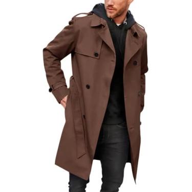 Imagem de Trench Coat Masculino Slim Fit Double Breasted Cinto Windbreaker Lapela Jaqueta Longa Casual Casaco à Prova De Vento, Brown, XS