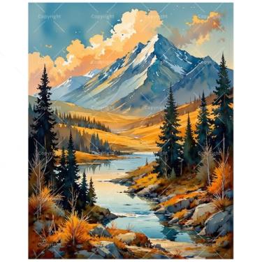 Imagem de Kit de pintura por números do pôr do sol da montanha para adultos – Pintura em tela de rio alpino e colinas douradas, 40,6 x 50,8 cm, conjunto de tinta acrílica, adequado para iniciantes, arte para