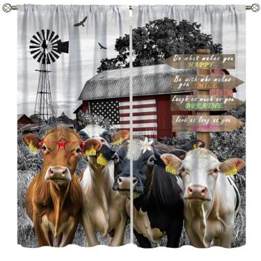 Imagem de Cortinas vintage de vaca de fazenda, rústico, vintage, cinza, moinho de vento, decoração de animais das terras altas, tratamentos de janela, cortinas com isolamento térmico para meninos, meninas