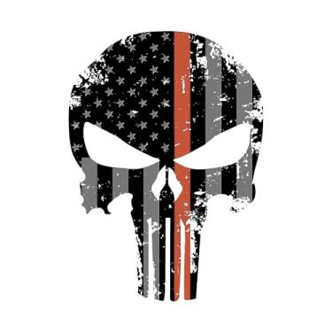 Imagem de Decalque refletivo de caveira do Justiceiro 14 x 10 cm com bandeira dos EUA esfarrapada e subjugada com linha vermelha fina adesivo para carro, bom e mal, decalque de vinil cortado para Windows