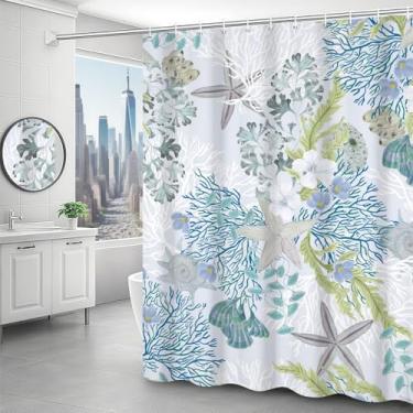 Imagem de dnldliq Cortina de chuveiro com planta oceânica, padrão de árvore, coral, estrela-do-mar, tema submarino, tropical, impermeável, decoração de tecido, cortina de chuveiro com ganchos 182 x 236 cm