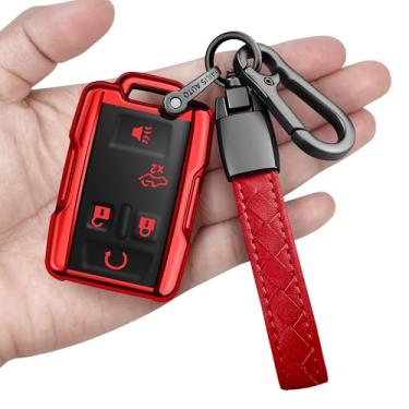 Imagem de Sindeda Capa para chaveiro Chevrolet com chaveiro capa de chave macia de proteção total compatível com Colorado Silverado Suburban Tahoe GMC Canyon Sierra 1500 2500 3500 HD 5 botões (vermelho)