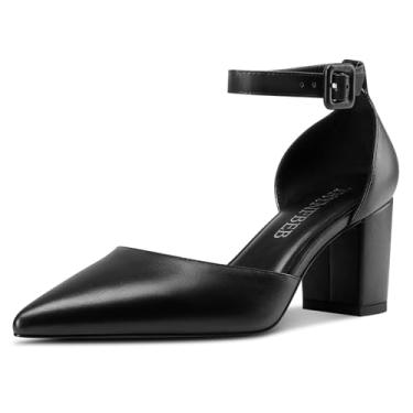 Imagem de TNYNFBEB Sapato feminino de salto médio, salto médio, bico fino, tira no tornozelo, fivela, vestido de casamento de formatura, salto de 6 cm, Preto, 42