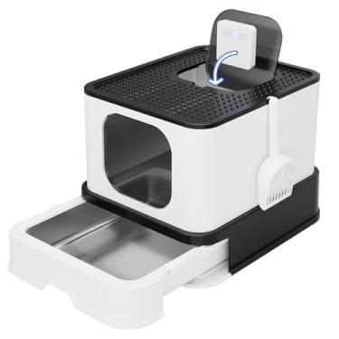 Imagem de RIZZARI Caixa de areia para gatos fechada: design grande anti-vazamento de aço inoxidável controla o odor - preto com desodorizante - para uso interno