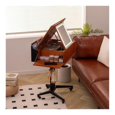 Imagem de Escrivaninha de penteadeira Pequena penteadeira de madeira com espelho flip top, móvel, grande organizador armazenamento para banheiro quarto casa(Natural)