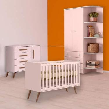 Imagem de Berço Mini Cama Cômoda Sapateira Retrô e Guarda Roupa Rosa - Qmovi