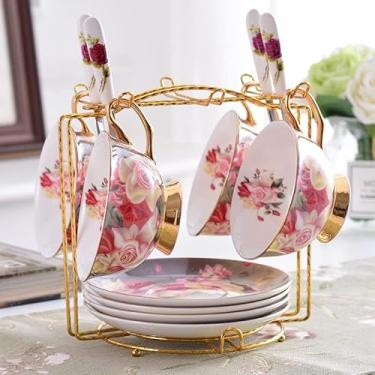 Imagem de Caneca Rose Bone China Chávena de Chá Pires Conjunto de Colher 200 ml Porcelana Avançada Xícara de Café Café Britânico Tarde Caneca de Café Transporte da Gota (Cor: 4 Copos n Suporte)