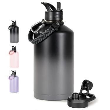 Imagem de Fijinhom Garrafa de água de galão com 2 tampas (canudo e bico), jarro de água de aço inoxidável 304 com alça e boca larga, jarro de parede dupla a vácuo de 1 galão para esportes, ao ar livre, preto