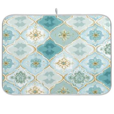 Imagem de Tapetes de secagem de pratos com padrão geométrico de treliça para cozinha, 40,6 x 45,7 cm, xadrez de búfalo de cerâmica, mosaico, pedra de mármore, escorredor para pia de cozinha