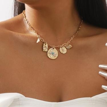 Imagem de Colar com pingente feminino dourado olho turco sol lua moeda pingente delicado clipe de papel corrente amuleto gargantilha joia presente