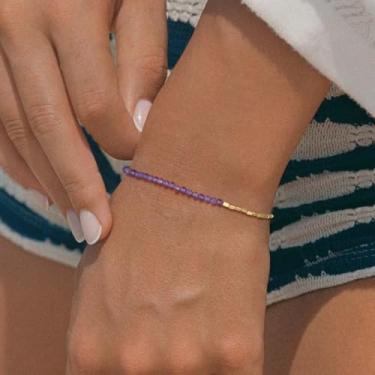 Imagem de Pulseira feminina dourada 5 x 5 mm quadrada ônix preta ametista roxa cristal ajustável