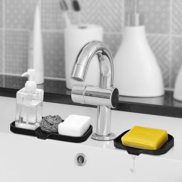 Imagem de Pacote com 2 saboneteiras de silicone, organizador de pia de banheiro e cozinha, suporte de esponja, bandeja de sabonete, perfeito para dispensador, esfregão, garrafa, copo na pia ou balcão (preto, 2