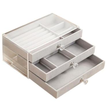 Imagem de Porta Joia Acrílico Com 3 Camadas Brinco Anel Compartimento caixa de armazenamento de jóias (CINZA)
