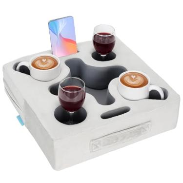 Imagem de IGOHEALS Suporte de copo de sofá - bandeja de travesseiro de sofá com coração para cama, trailer, TV, carro, caverna, banco traseiro para controle remoto, bebidas, lanches (cinza prateado quadrado)