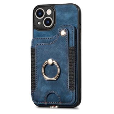 Imagem de Capa de telefone com suporte de anel para iPhone 13 12 Mini 15 14 11 Pro XS Max XR X 8 Plus Carteira magnética com alça para cartão, capa de couro flip, azul, para iPhone 7Plus (8Plus)
