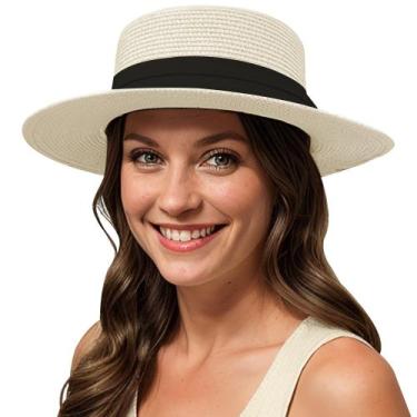 Imagem de Chapéu Lanzom UPF50+ Wide Brim Straw Panama Sun Hat Bege