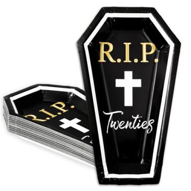 Imagem de Whaline Prato descartável, 24 peças, Death to My 20s, prato descartável, preto, branco, formato de caixão, prato de jantar para decoração de festa de 30 anos, suprimentos de decoração de mesa, 24 x 14