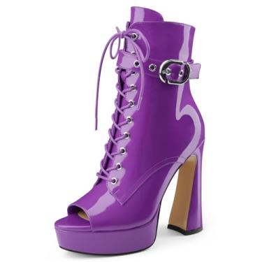 Imagem de Botas femininas pretas de cano baixo, plataforma com cadarço, salto alto, bico aberto, com zíper lateral e fivela de alça para mulheres, sexy, fofa, Patente roxa, 36 BR