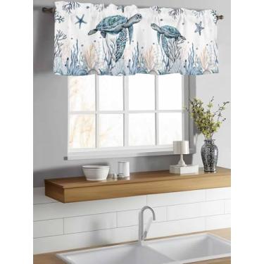Imagem de Cortinas para janelas, tartarugas marinhas, coral, janela, sanefa, bolso, azul, oceano, estrela-do-mar, algas marinhas, decoração de janela, cortina para cozinha, sala de estar, quarto, 137 x 45,7 cm