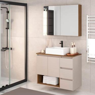 Imagem de Conjunto de Gabinete Suspenso com Cuba Vitória e Armário de Banheiro Aurora 4 Portas 3 Gavetas Mel e Arenas