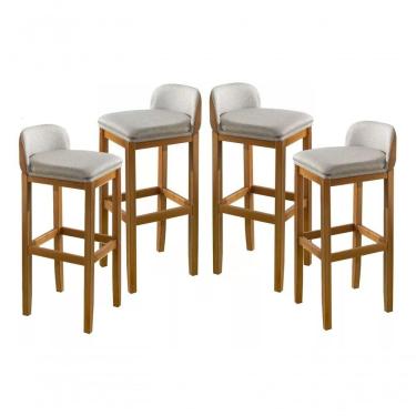 Imagem de Kit 4 Banquetas Exclusiva Premium Linha Alta Assento Encosto Linho Almofadado Pé Madeira Maciça Retro