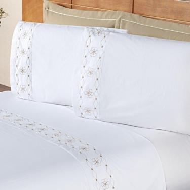 Imagem de Jogo De Cama Damasco Queen 4 Peças 100% Poliéster 200 Fios - Branco/bege