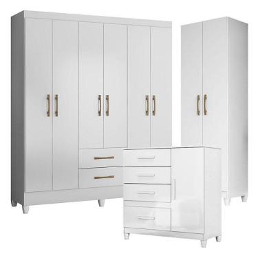 Imagem de Guarda Roupa Casal Panamá Com Cômoda Vênus Com Pés E Armário Multiuso New íris Branco Brilho– Moval