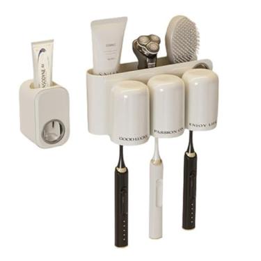 Imagem de LXPYMXDP Organizador de banheiro, escova de dentes montada na parede, dispensador automático de pasta de dentes, organizador de escova de dentes, organizador de banheiro multifuncional sem perfuração