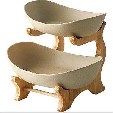 Imagem de ZJYWMM Cesta de frutas criativa para bancada de cerâmica, suporte de frutas de 2 andares com bambu, suporte para lanche, prato doce, decoração de mesa, cesta de frutas, legumes, prateleiras de doces