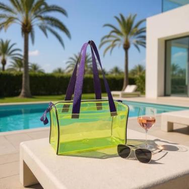 Imagem de Bolsa Transparente PVC para Piscina Natação Balé Academia Escola – Resistente e Impermeável (Verde com Roxo)