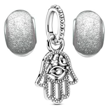 Imagem de Kit Berloque Mão de Fátima com Olho Grego + par de muranos prata - Banho de atíssima qualidade + Verniz- Cabe em Pulseira de todas as marcas