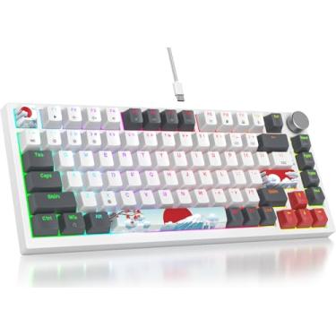 Imagem de Fogruaden Teclado mecânico 75% com fio, troca a quente, interruptor vermelho, teclado mecânico TKL, suporte de junta, teclado compacto para jogos RGB retroiluminado com botão de volume (cinza branco)