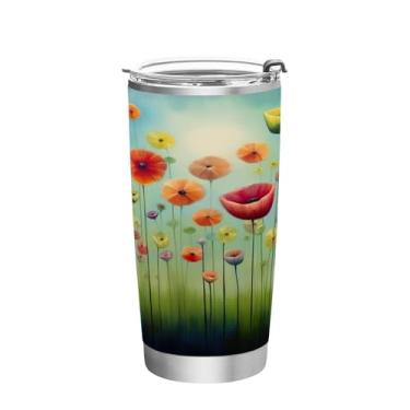 Imagem de Blueangle Copo de 590 ml com tampa e canudo, copo de café com água isolada a vácuo de aço inoxidável, caneca de viagem floral abstrata em aquarela copo térmico para bebidas quentes e frias (617)