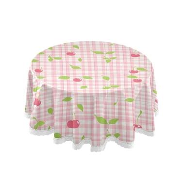 Imagem de SEHANY Toalha de mesa redonda xadrez rosa cereja 152 cm, tecido lavável sem rugas, toalha de mesa redonda com renda decorativa para restaurante, casamento, acampamento, festa Fiesta Cinco de Mayo