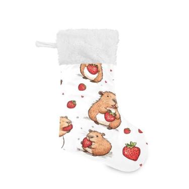 Imagem de ATTX 1 pacote com lindas meias de Natal de capivara de desenho animado com punho de pelúcia branco - Decoração de Natal para presentes, meia de 48 cm (722)