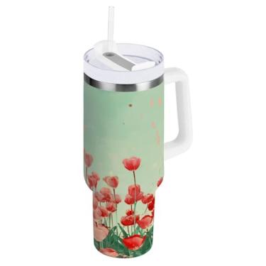 Imagem de Kigai Copo de tulipa vermelha de 1,134 g com tampa e canudo, copo isolado de aço inoxidável durável à prova de vazamento com alça, garrafas de água à prova de derramamento para viagens