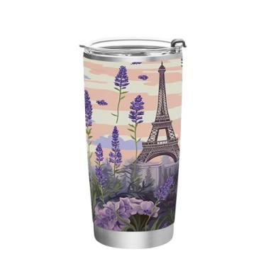 Imagem de Wassud Copo de lavanda Torre Eiffel de 340 g com tampa e canudo, copo isolado a vácuo de parede dupla de aço inoxidável, caneca de café de viagem para bebidas frias e quentes