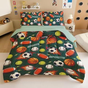 Imagem de Conjunto de cama esportivo infantil – Conjunto de edredom completo de 5 peças com estampa de futebol, basquete, futebol e beisebol, cama em uma bolsa divertida para decoração de quarto de meninos