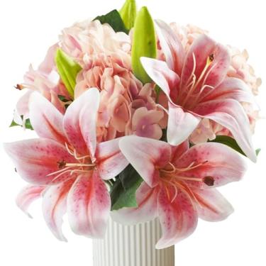 Imagem de Bairdish 3 peças de flores artificiais de hortênsia de seda rosa e 3 peças de lírios de tigre falsos rosa claro para buquês de casamento, flor sintética de toque real para arranjos florais quarto casa