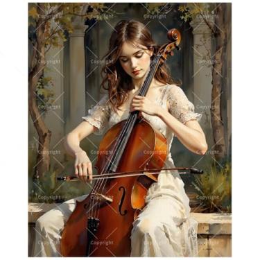 Imagem de Kit de pintura de arte musical por números para adultos - DIY mulher tocando pintura de violoncelo em tela 40,6 x 50 cm, conjunto de tinta acrílica, adequado para iniciantes, arte para decoração de