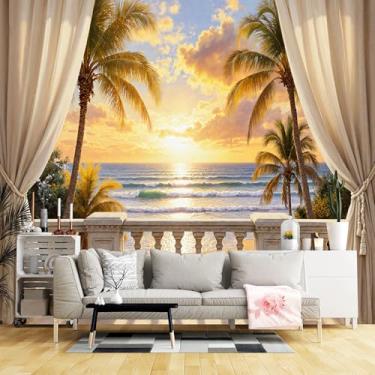 Imagem de Murais de parede de tamanho personalizado, praia pedra varanda pôr do sol céu tecido de parede autoadesivo (sem PVC) papel de parede grande removível para sala de estar, quarto, escritório