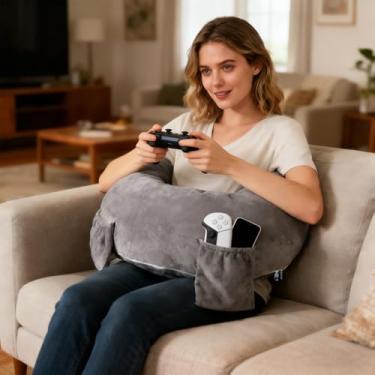 Imagem de Elffloor Almofada cinza de suporte de braço para leitura e jogos – Descanso de braço confortável para cama e sofá para relaxar